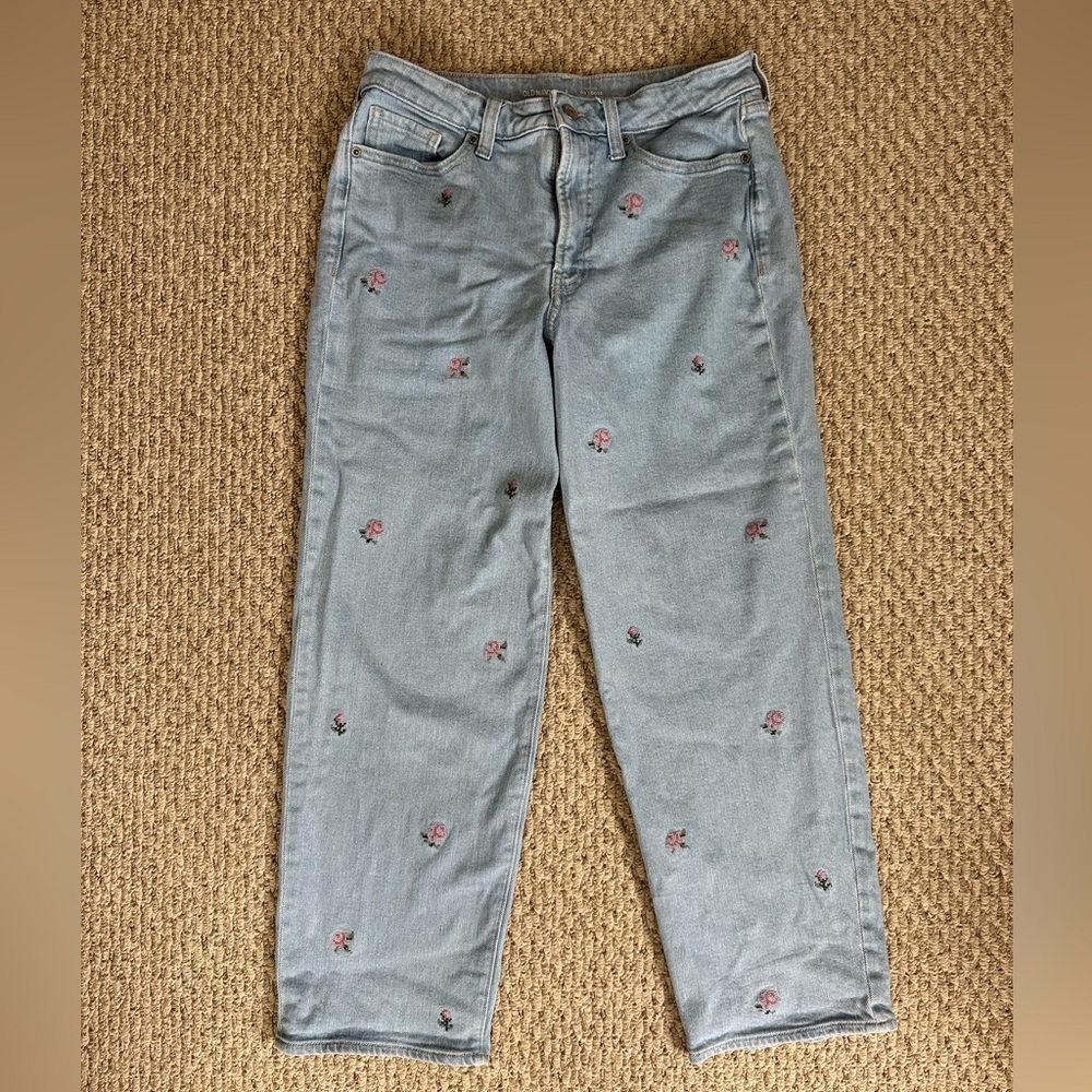Old Navy high rise OG loose Light Blue Jeans with Pink Floral Embroidery